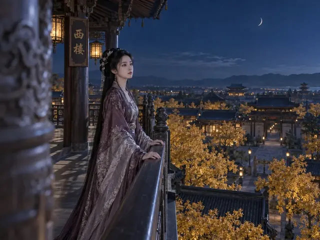 A hyperrealistic, cinematic portrait of a beautiful young Chinese woman in traditional Hanfu, standing on a wooden balcony of an ancient pavilion at night. She gazes serenely under a sharp crescent moon, with golden autumn leaves in the courtyard below and geometric shadows on the floor.