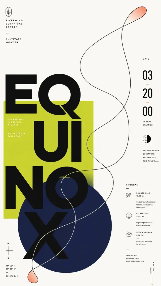 Modern flat graphic with a large black Chinese character, a saturated rectangle, a cool-toned circle, and a sweeping black line on a clean background, with text elements.