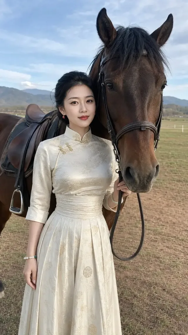 Photorealistic vertical portrait of a beautiful East Asian woman in an ivory brocade equestrian dress standing next to a dark-bay horse in a grassland field, looking at the camera.