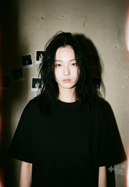 A young woman with messy black hair, wearing an oversized black t-shirt, in a dimly lit setting with a 90s disposable camera aesthetic.
