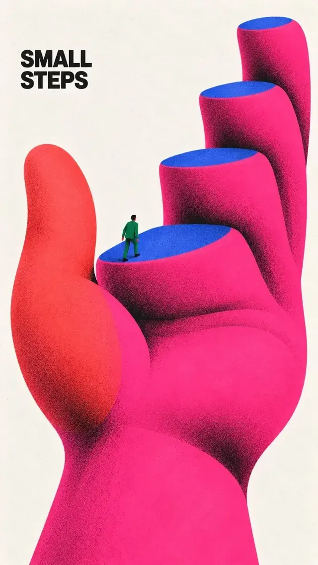 Surreal editorial poster with monumental organic shapes, flat silhouettes, and a vibrant color palette on off-white paper.