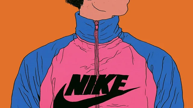 Illustration of a person wearing a pink and blue Nike tracksuit with a large logo, against an orange background.