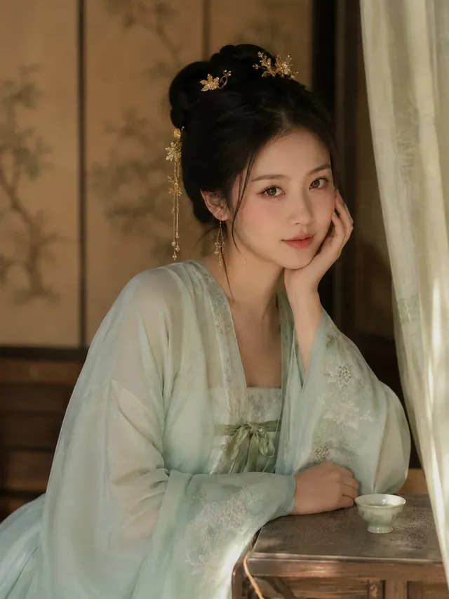 A young Korean woman with delicate features and a soft smile, wearing a light mint green Hanfu with intricate embroidery, sits by a wooden table, gently resting her cheek on her hand, looking directly at the camera with a soft gaze.