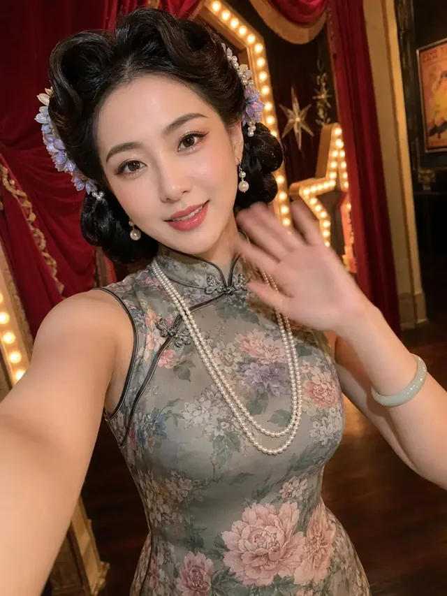 A photorealistic vertical smartphone video still of a beautiful East Asian woman in a 1930s-style qipao and elaborate hairstyle, taking a selfie in a vintage theater lobby with warm lighting.