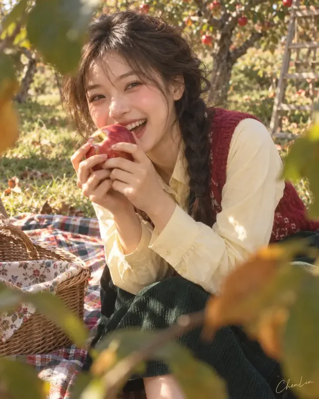 A young East Asian woman with rosy cheeks and braided hair, wearing a cream sweater and green skirt, sits in an apple orchard and offers a bitten red apple towards the camera with a gentle smile. Dappled sunlight and film grain enhance the warm, lifelike atmosphere.