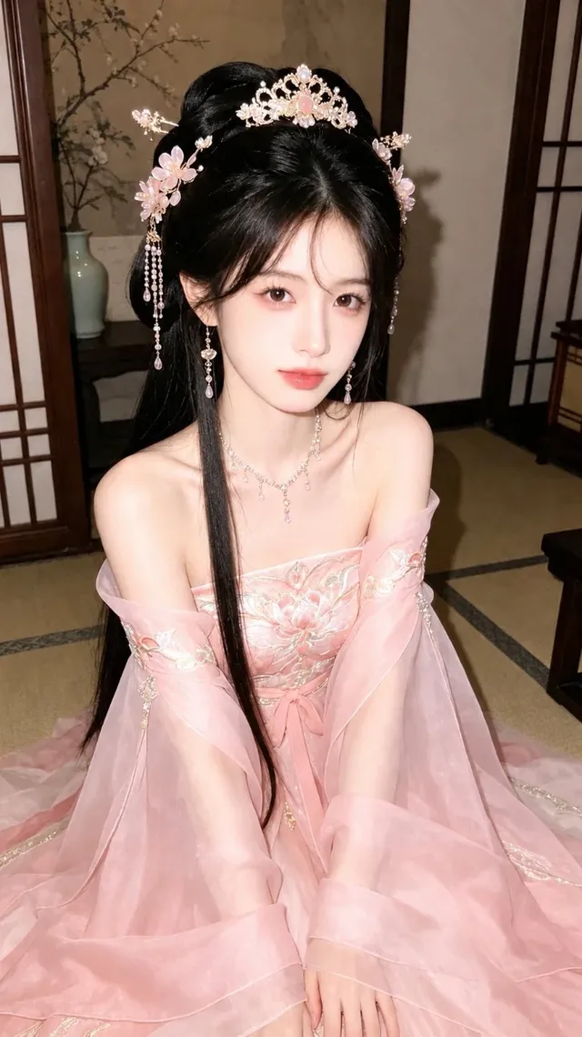 A beautiful, slender young woman with pale skin and flowing hair, dressed in pink ancient Chinese clothing with elaborate jewelry. The image has a lo-fi, dreamcore aesthetic, resembling a candid selfie.