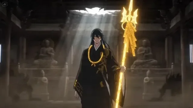 Anime exorcist with spear and golden talismans in a dusty temple, fighting shadow yokai.
