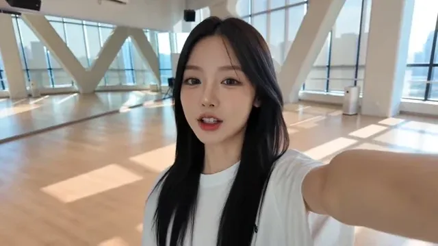 A cheerful Korean female idol with long black hair films herself on her phone in a bright dance studio, laughing after making a mistake during a dance challenge, then successfully completing it with a finger heart.