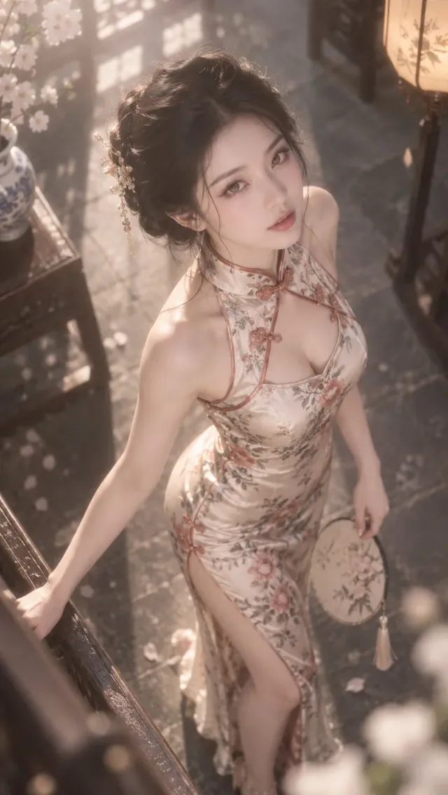 A tall, slender model in a qipao, wearing refined makeup, with a fox-like beauty. The image is shot from a high angle looking down, with a dreamy blur and soft light bloom effect.
