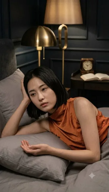 A young woman with a sleek dark bob hairstyle, wearing a vibrant burnt-orange sleeveless top, rests her head on her arm in a cozy, dimly lit bedroom with grey bedding and paneled w