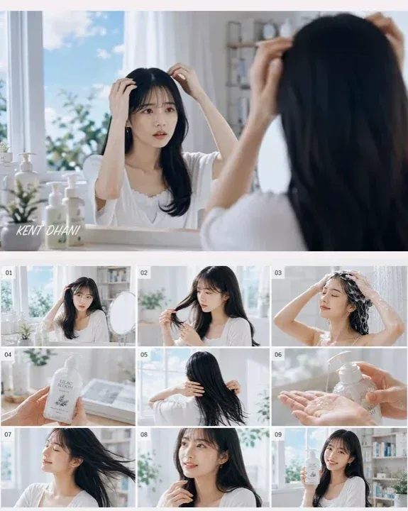 Young Korean woman with long, glossy black hair smiling, holding a bottle of Lilac Bloom Shampoo in a bright, clean bathroom.