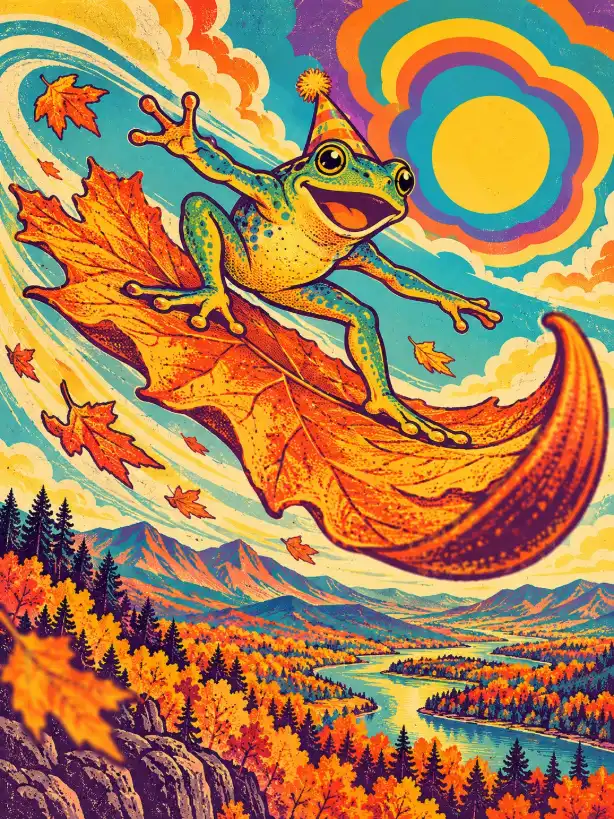 A 1970s psychedelic screen print of a delighted frog surfing a huge maple leaf above an autumn valley, using violet, tangerine, teal, and yellow ink layers.