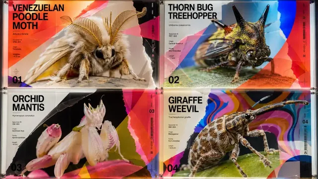 Poster art of rare insects in a constructivist style, featuring bold diagonals, Swiss grids, psychedelic colors, and layered acetate film.
