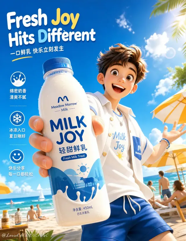 Premium 3D animation poster for MooMorrow Fresh milk, showing a young man enthusiastically pushing a large milk bottle forward with a splash, surrounded by milk snacks and vibrant branding.