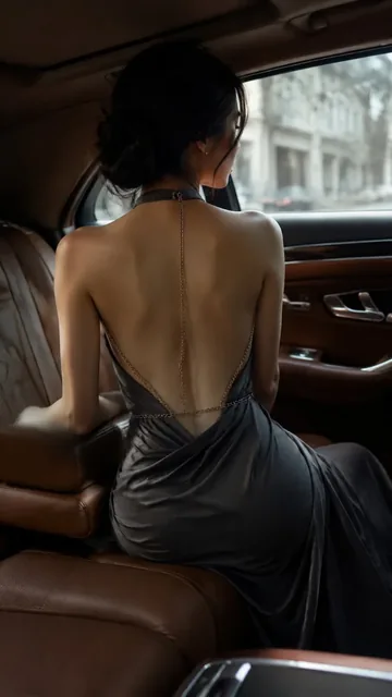 Rear view of a young woman sitting in a luxury car, wearing an elegant backless dress with detailed straps, soft window light highlighting her posture.
