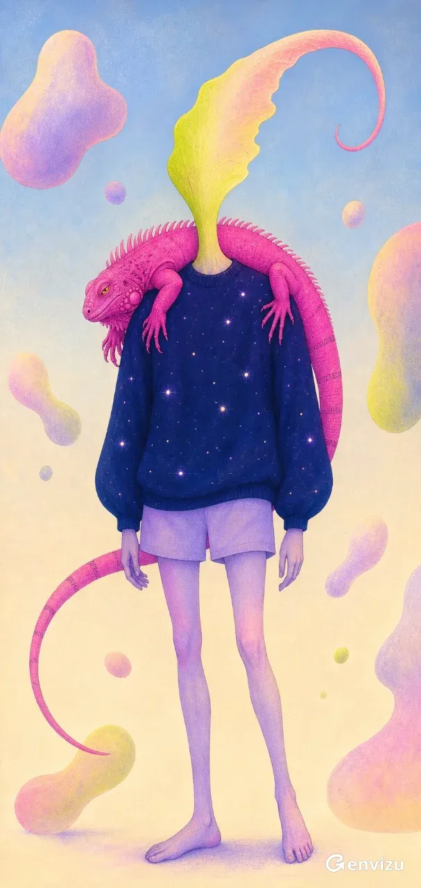 A slender, androgynous, faceless figure with lavender legs and shorts wears a navy sweater with glowing constellations. A large magenta iguana is draped over its shoulders. A leaf-like horn grows from its neck.