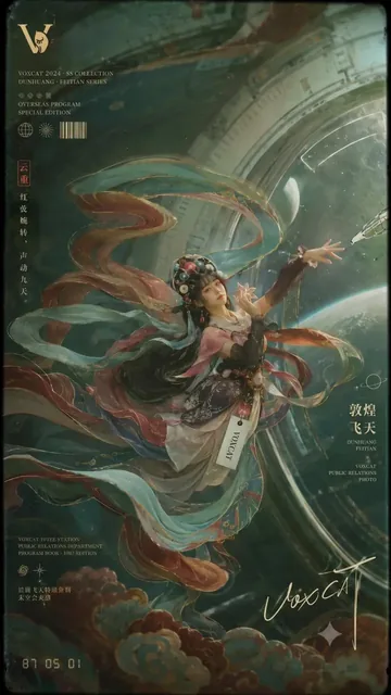 A stylized illustration of a Dunhuang celestial maiden with flowing ribbons, presented in a retro-futuristic space PR photo style with vintage color grading.