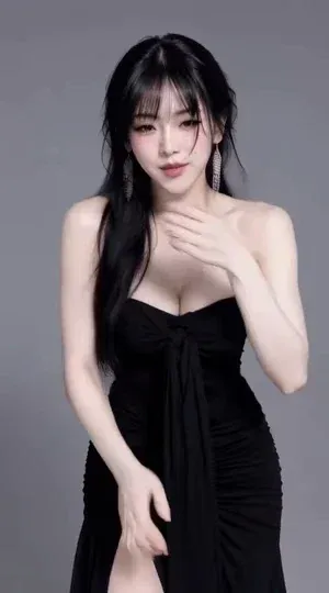 Vertical studio fashion portrait of a woman in a black strapless dress executing continuous candid poses.
