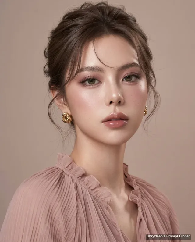 Close-up studio beauty portrait of a woman with ash chocolate-brown hair styled in a French twist, wearing a blush-pink chiffon blouse and gold earrings. Her makeup features glass skin, diffused eyeshadow, and glossy lips. Soft, diffused lighting creates a dreamy vintage coquette aesthetic.