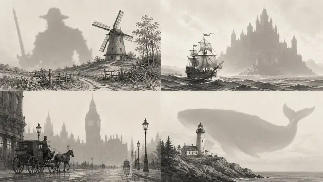 A 2x2 grid showing four stylized book covers, each with unique graphic elements and color palettes.