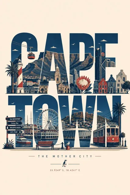 Clean, modern typographic travel poster featuring a city name composed of integrated iconic landmarks, rendered in a flat vector illustration style with a limited color palette.
