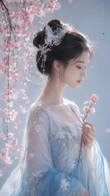 Ethereal portrait of an ancient Chinese girl with black hair adorned with translucent butterfly hairpins, holding a pink cherry blossom branch, wearing a blue and white gradient an