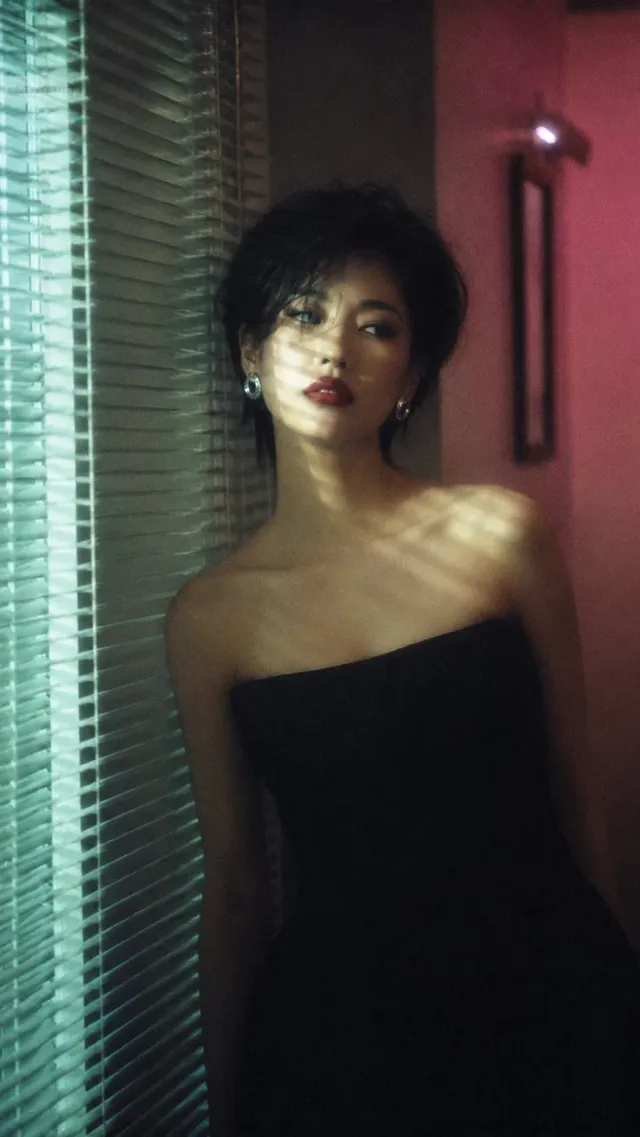 East Asian female model with short black hair and red lips in a black strapless dress, standing by metallic venetian blinds in a modern interior, with soft, diffused lighting and a dreamy film aesthetic.