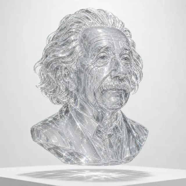Photorealistic crystal glass bust of a person wearing glasses, hovering above white surface with light caustics.