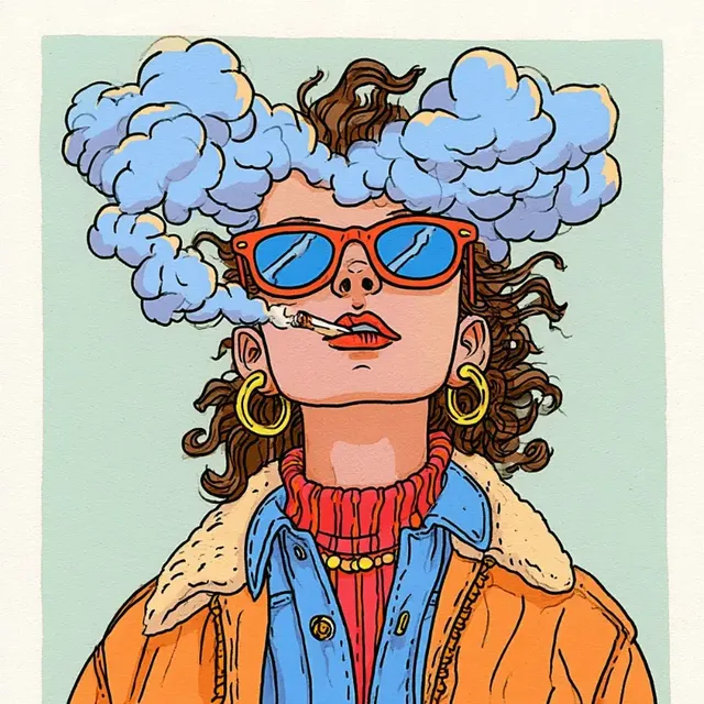 Eccentric character in 1970s underground comic style, featuring oversized glasses, faded watercolor, and hand-drawn ink lines.