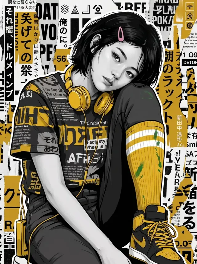 A stylized full figure illustration of a young woman with short dark hair and yellow headphones, seated against a bold golden yellow typographical collage background.