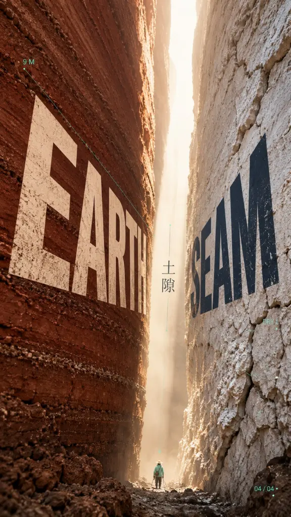 An editorial poster with massive contrasting natural textures, angled perspective typography converging into a glowing central fissure, and a tiny figure at the bottom.