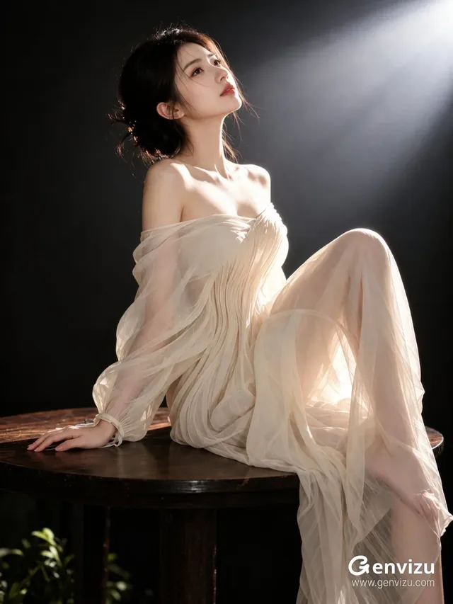 A dramatic beam of light illuminates a person wearing white silk against a dark wooden background, highlighting the textures and contrasts.