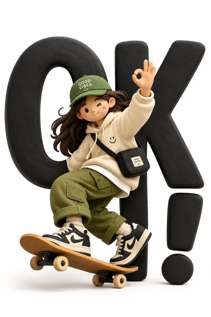 A cute 3D clay character interacting with large black letters.