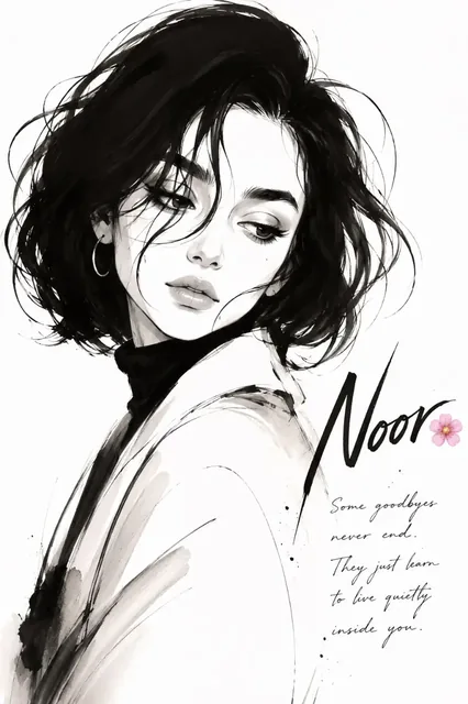 Monochrome fashion portrait illustration of a girl with a soft bob haircut, wearing a cream blazer and black turtleneck, featuring bold ink brushstrokes and subtle electric blue ac