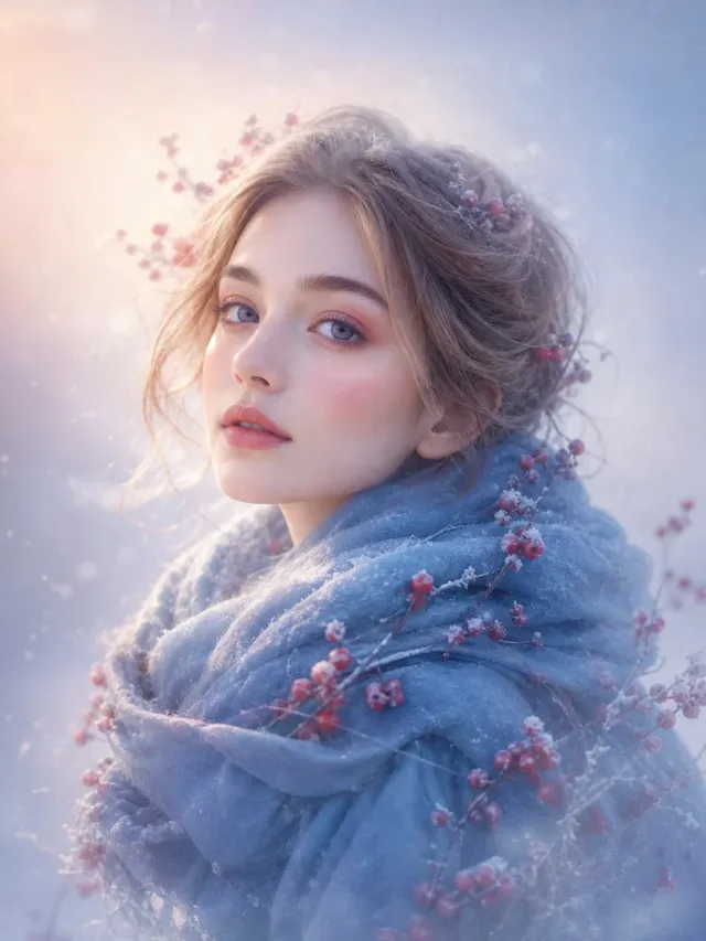 A woman with a porcelain face and rosy cheeks, wearing an oversized blue scarf with winter berries, in a soft, dreamy, ethereal winter atmosphere with diffused light and pastel colors.