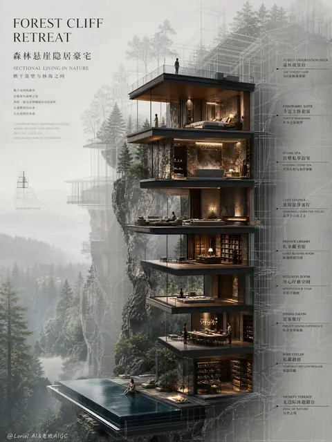 Ultra-premium architectural presentation poster of a forest cliff retreat mansion, featuring a vertical sectional cutaway revealing luxurious, warm-lit interiors contrasted with pale, ethereal wireframe architecture.
