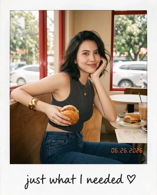 Vintage Polaroid photo of a young woman with a short bob haircut, wearing a dark crop top and jeans, holding a burger at a café table, looking surprised at the camera, with handwri