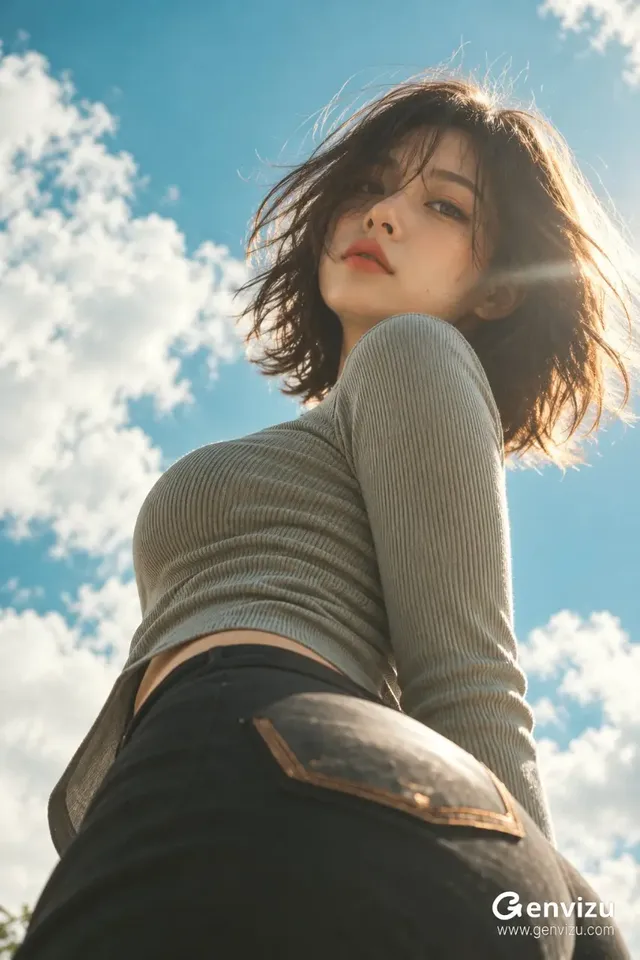 Low angle portrait of a person in a grey-green knit sweater against a blue sky with soft backlighting.