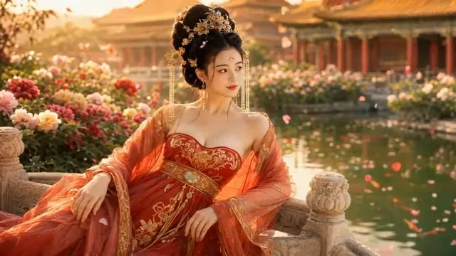 A beautiful woman in ancient Chinese palace attire, adorned with pearls and flowers, leans against a stone railing in a garden at sunset, her expression thoughtful and serene.