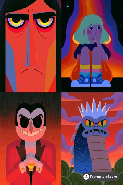 Collage of four stylized, flat illustrations: a red-faced character with intense eyes, a pensive child against a rainbow background, a smiling devil in a red suit, and an angry blue dragon-like creature.