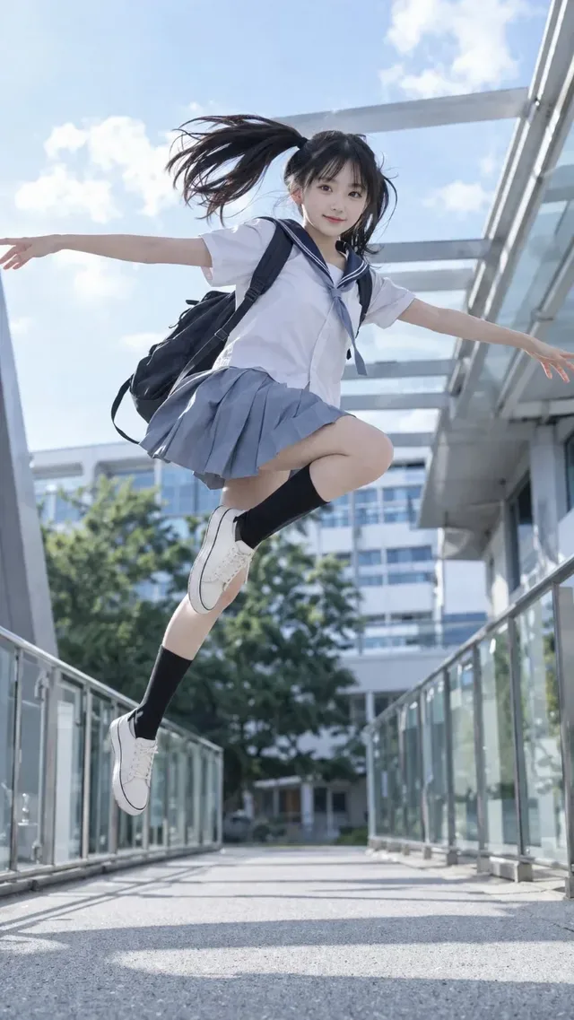 Full-body realistic photo of an 18-year-old high school senior in a white and navy Japanese sailor uniform, leaping gracefully in mid-air on a bright summer campus with a blue sky.