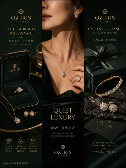 A three-panel luxury jewelry advertisement for OZ IRIS, featuring diamond rings, pendants, and earrings presented with elegant typography and a sophisticated East Asian model.