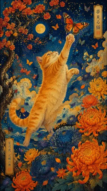 Vertical art nouveau illustration of an orange tabby cat jumping to catch colorful butterflies, surrounded by chrysanthemums and starry night sky.