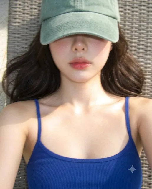 Overhead view of a person sleeping on a lounge chair, wearing a baseball cap and a blue top, with soft motion blur.