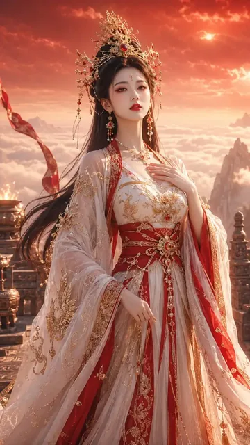 A regal ancient Chinese goddess with intricate Tang-dynasty style attire, elaborate golden headwear, and striking makeup, stands majestically on a stone altar amidst swirling cloud
