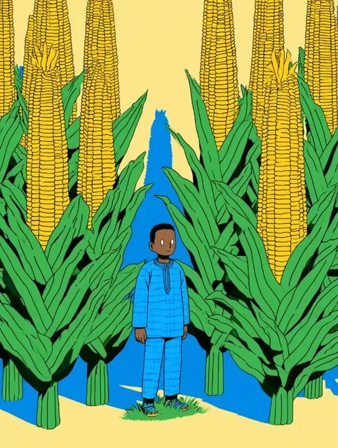 Young African boy wearing a traditional adire dashiki, standing in a field of tall maize, in a flat graphic illustration style with bold outlines and bright colors.