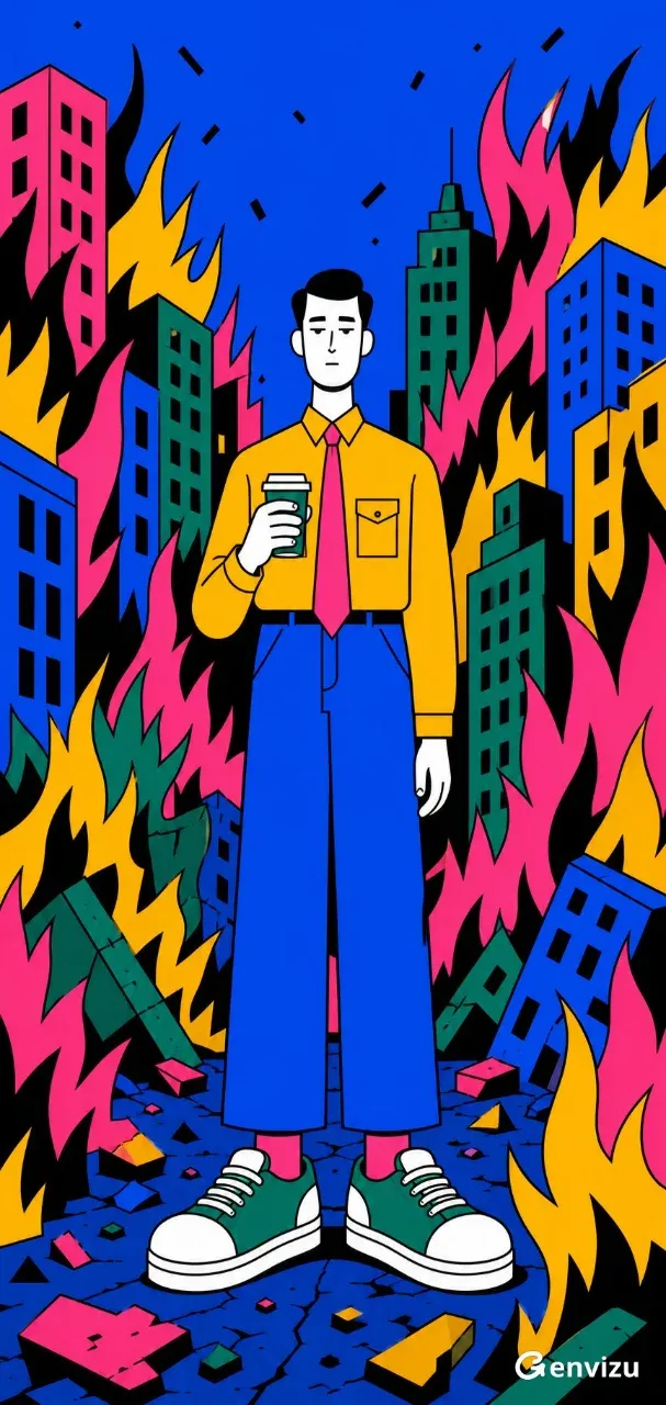 Full-body cartoon man with a bored expression holding a coffee cup, standing calmly in the center of a city engulfed in stylized graphic flames of black, yellow, pink, and teal.