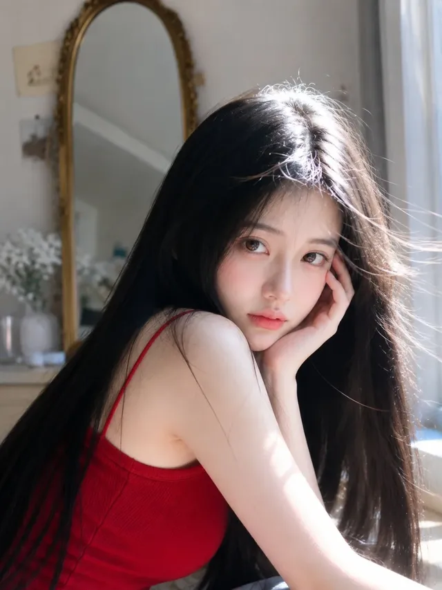 Photorealistic portrait of a young East Asian woman with long black hair, wearing a red tank top, resting her head on her hand, gazing softly with a melancholic expression, illuminated by soft sunlight.