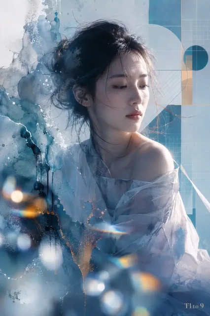 Abstract philosophical portrait of an East Asian woman, featuring a hyperrealistic face with deep eyes, surrounded by a blend of watercolor textures and digital geometric elements,