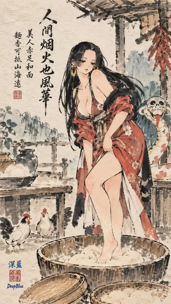 Traditional Chinese ink comic in Feng Zikai style with calligraphy and a red seal.